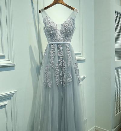 Tulle Long Prom Dresses, V Neckline Grey prom dress,Custom Cheap prom dresses, 2017 prom dresses,lace prom dress,bridesmaid dress,406