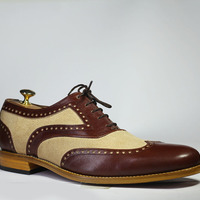 Handmade Brown Beige Wing Tip Lace Up Leather Suede Shoes For Men's - Thumbnail 1