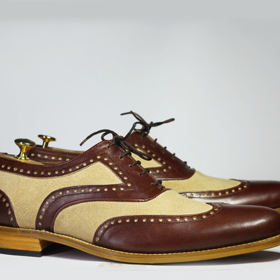 Handmade brown beige wing tip lace up leather suede shoes for men's - Thumbnail 2