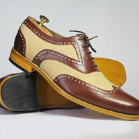 Handmade Brown Beige Wing Tip Lace Up Leather Suede Shoes For Men's - Thumbnail 2