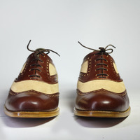 Handmade Brown Beige Wing Tip Lace Up Leather Suede Shoes For Men's - Thumbnail 3