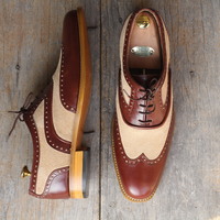 Handmade Brown Beige Wing Tip Lace Up Leather Suede Shoes For Men's - Thumbnail 4