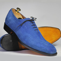 Handmade Blue Lace Up Suede Shoes For Men's - Thumbnail 3