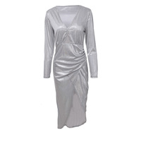 Deep V-Neck Long Sleeve Sexy Package Hip Dress - Thumbnail 1