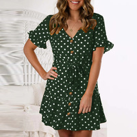 V-Neck Single-Breasted Short Sleeve Dress - Thumbnail 1
