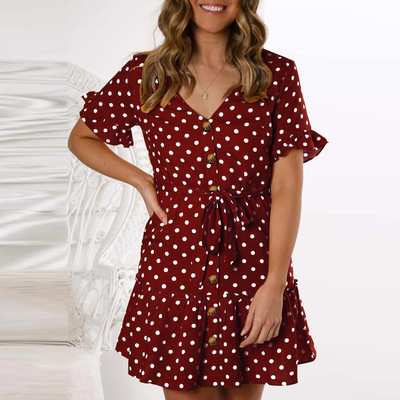 V-neck single-breasted short sleeve dress