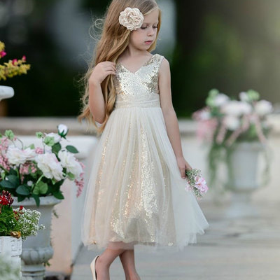 V neck tulle sequins flower girl dresses - Thumbnail 5