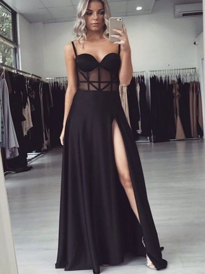 Glamorous A-Line Sweetheart Open Back See through Black Satin Long Prom Dresses,Formal Evening Party Dresses