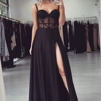 Glamorous A-Line Sweetheart Open Back See through Black Satin Long Prom Dresses,Formal Evening Party Dresses - Thumbnail 1