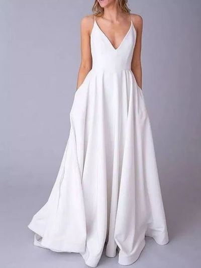 Simple A-Line V Neck Open Back Spaghetti Straps White Satin Long Prom Dresses with Pockets,Cheap Wedding Dresses