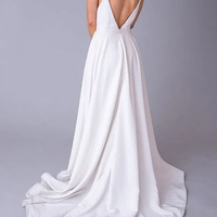 Simple A-Line V Neck Open Back Spaghetti Straps White Satin Long Prom Dresses with Pockets,Cheap Wedding Dresses - Thumbnail 1