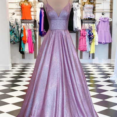 Shiny v neck open back sparkly satin blush navy blue long prom dresses,girls junior graduation gown,quinceanera dresses - Thumbnail 5