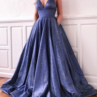 Shiny V Neck Open Back Sparkly Satin Blush Navy Blue Long Prom Dresses,Girls Junior Graduation Gown,Quinceanera Dresses - Thumbnail 1