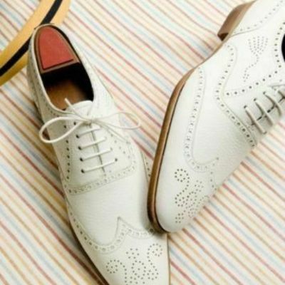 Men new handmade original leather wingtip brogue white dress formal shoes