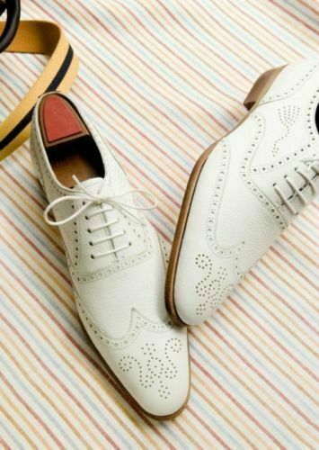MEN NEW HANDMADE ORIGINAL LEATHER WINGTIP BROGUE WHITE DRESS FORMAL SHOES