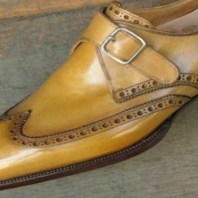 Tan single buckle strap monk wing tip rounded derby toe genuine leather shoes