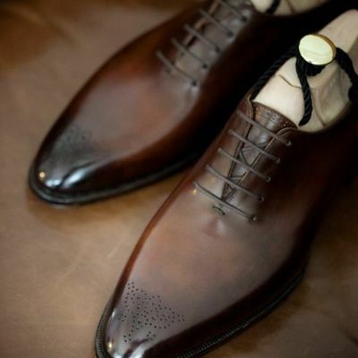Men genuine burnished toe premium leather oxford brown color formal dress shoes