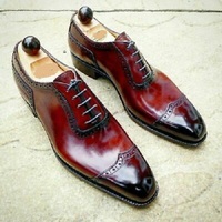 Shiny Burnished Wing Tip Maroon Tone Superior Leather Lace Up Men Oxford Shoes - Thumbnail 3