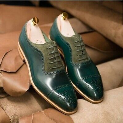 Tan sole green color superior leather lace up men oxford formal dress shoes