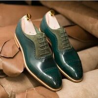 Tan Sole Green Color Superior Leather Lace Up Men Oxford Formal Dress Shoes - Thumbnail 3