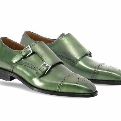 Green tone cap toe stylish vintage superior leather men buckle straps monk shoes