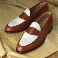 Handmade Men's Brown White Contrast Penny Loafer Slip On Genuine Leather Shoes - Thumbnail 2