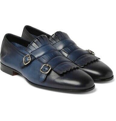 Double Buckle Straps Burnished Blue Tone Premium Leather Customized Monk Shoes