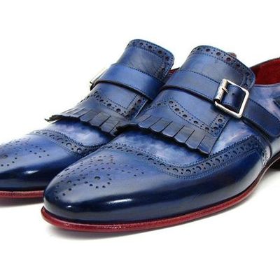 Double buckle straps burnished blue tone premium leather customized monk shoes