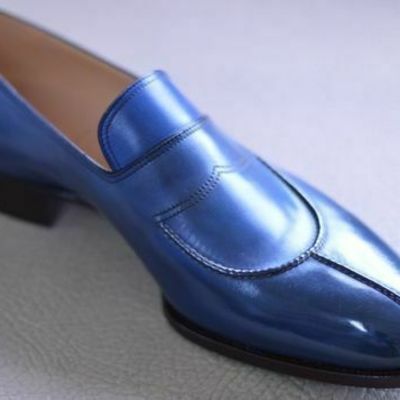 Men's blue color burnished split toe loafer slip on party wear leather shoes