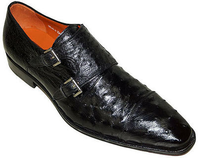 New Handmade Pure Black Ostrich Leather Stylish Monk Strep Shoes for Men's