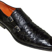 New Handmade Pure Black Ostrich Leather Stylish Monk Strep Shoes for Men's - Thumbnail 2