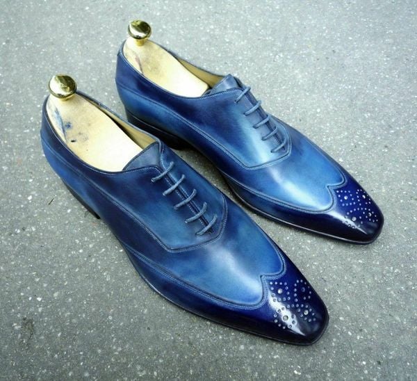 Oxford Two Tone Blue Wing Tip Real Leather Lace Up Shoes Men Formal Dress Shoes