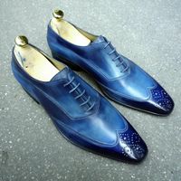 Oxford Two Tone Blue Wing Tip Real Leather Lace Up Shoes Men Formal Dress Shoes - Thumbnail 3