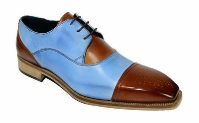 Two Tone Genuine Leather Blue Brown Brogue Cap Toe Handmade Lace Up Men's Shoes