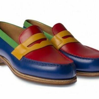 Handmade mens multi color leather shoes, mens round toe leather loafer slip ons