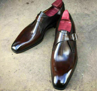Handmade Men's Monk Brogue Oxford Brown Dress Buckle Formal Leather Shoes