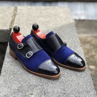 Pure Handmade Black Leather & Blue Suede Monk Strap Shoes for Men's - Thumbnail 3