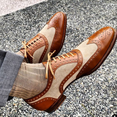 Handmade men tan and white shoes spectator dress shoes for men suede leather