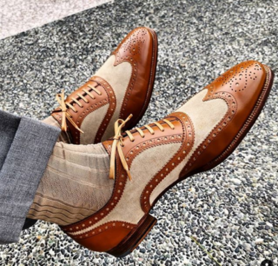 Handmade men tan and white shoes spectator dress shoes for men suede leather