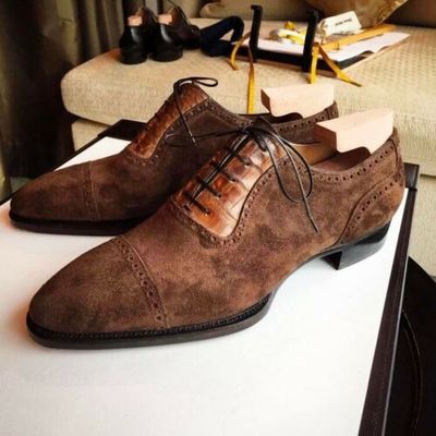Pure handmade tan crocodile & brown suede leather lace up shoes for men's