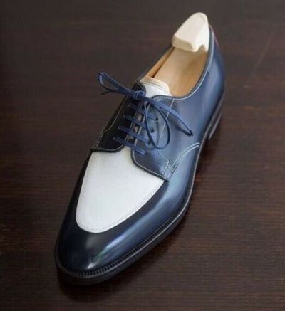 New Pure Handmade Blue & White Leather Dress Shoes for Men's