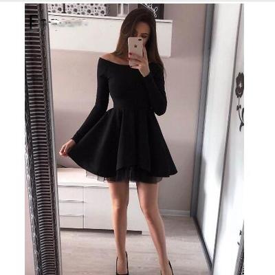 Long sleeve short elegant cocktail dresses vestidos coctel mujer 2019 a line pleated black homecoming graduation dresses