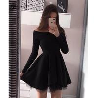 Long Sleeve Short Elegant Cocktail Dresses vestidos coctel mujer 2019 A Line Pleated Black Homecoming Graduation Dresses - Thumbnail 1