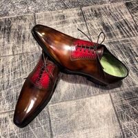 New Pure Handmade Dark Tan & Red Leather Dress Shoes for Men's - Thumbnail 1