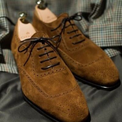 New pure handmade suede leather dark camel brogue shoes for men's