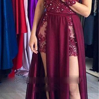Vestido de fiesta v neck mini prom dresses with detachable train lace appliques beaded evening dress celebrity dress