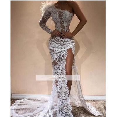 Sexy high slit mermaid prom dresses long elegant feathers one-shoulder lace prom gown custom make party dress vestidos de gala