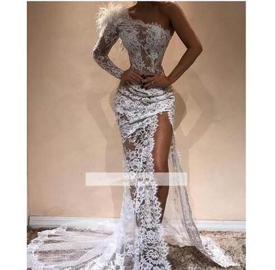 Sexy High Slit Mermaid Prom Dresses Long Elegant Feathers One-Shoulder Lace Prom Gown Custom Make Party Dress Vestidos De Gala