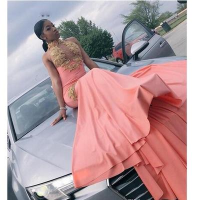 Mermaid high neck prom dress with gold appliques sexy bodice sweep train long party gowns for black girls vestidos prom 