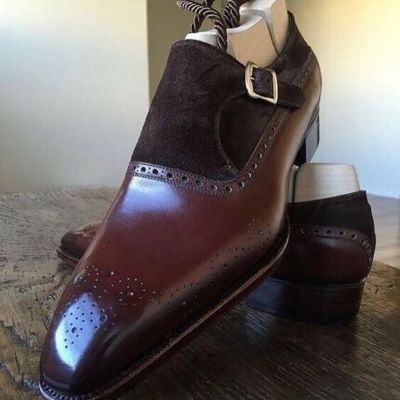 Pure handmade burgundy shade leather & brown suede leather strap shoes for men's